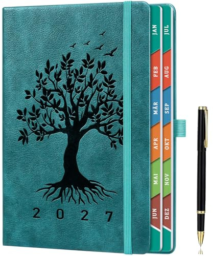 Terminplaner 2027 A5, 1 Tag pro Seite, Tageskalender Jan–Dez 2027, Deutscher Tagesplaner mit farbigen Monatsregistern, Innentasche, Stiftschlaufe & Stift - Türkis