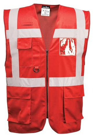 Portwest F476 Iona Exekutiv Weste Telefon-und Stifttasche Schmale Passform | Rot, L, EN 17353 Typ B3, 100% Polyester, Neuer ID-Karten-Halter, Klettverschluss, Zwei Aufgesetzte Taschen