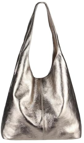 OBC Made IN Italy Damen Leder Hand-Tasche METALLIC Shopper Schultertasche Hobo-Bag Henkeltasche Beuteltasche (Champagne-Metallic)