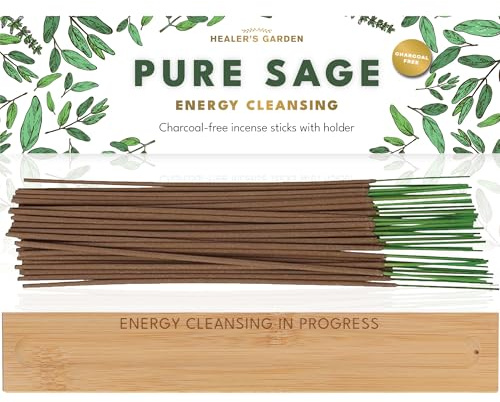 Premium Sage Incense Sticks with Energy Cleansing Engraved Wood Holder - Charcoal Free, Clean, Non Toxic - Negative Energy Protection, Purification - New Home Spiritual Smudging Incenses, 30 Sticks