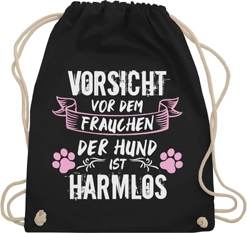 Turnbeutel Rucksack - Geschenk für Hundebesitzer - Vorsicht vor dem Frauchen der Hund ist harmlos - Grunge/Vintage - Weiß - Unisize - Schwarz - hundefans geschenke hunde tasche hundefan gassi