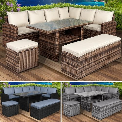 BRAST Gartenmöbel Set Eco | bis zu 9 Personen viele Farben | inkl. extra Dicke Kissen | TÜV geprüft | Outdoor Loungemöbel Sitzgruppe Essgruppe Garnitur | Braun/Cappuccino