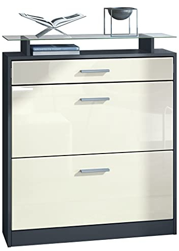 Vladon Schuhschrank Loret, Schuhkipper für 16 Paar Schuhe mit 2 Klappen, 1 Schublade und Glasablage, Anthrazit matt/Creme Hochglanz, (89 x 104 x 23 cm).
