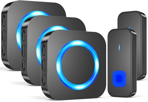 Wireless Doorbell, Waterproof Cordless Door Bells Chime Kit Battery Operated at 1300ft Range, with 2 Remote Battery Operated Push Buttons 3 Plug-in Receivers, with 55 Ringtones, 5 Volume, LED Flash