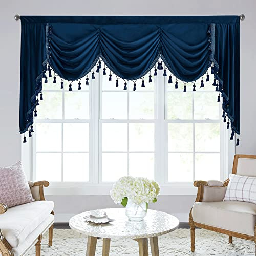 StangH Navy Blue Velvet Curtain Valances - Super Soft Blackout Waterfall Swag Valances for Kitchen/Living Room, Extra Wide Room Divider Curtains for Dining Room, W79 inches, 1 Panel