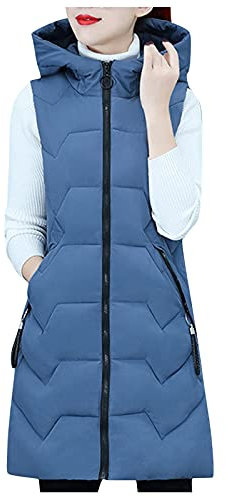 HHMY Longweste Damen Steppweste: Ärmellose Weste Casual Jacke Warm Übergangsjacke Winter Mantel Mit Kapuze Reißverschlusstasche, Mittellange, Winddichte