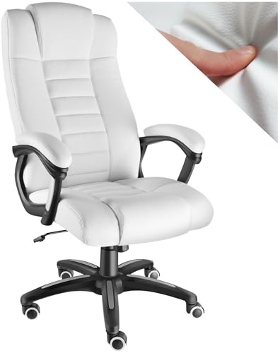 tectake® Sedia Ufficio, Imbottitura 12 cm, Sedia scrivania con Poggiatesta e Braccioli, Base con Rotelle, Sedia ergonomica con altezza regolabile, Inclinazione Continua, Poltrona Ufficio - Bianco