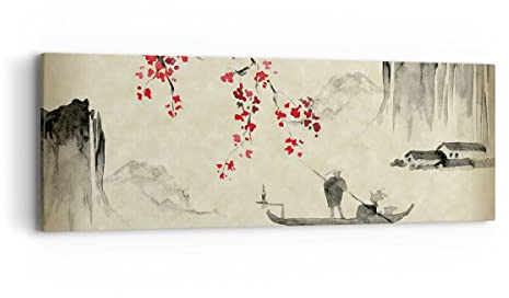 Cuadro sobre Lienzo 90x30cm Moderno Panorámico Paisajes Personas - 5020 | Flor Guindas Japón Cuadro Decorativo Arte mural Decoración del Hogar Salón Dormitorio Cocina Oficina Cuadros de Pared Estilo