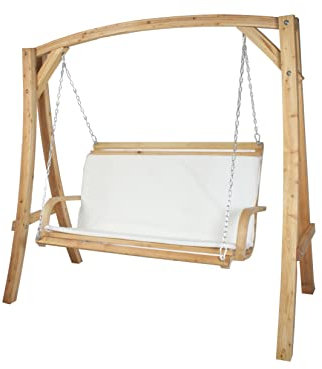 vanvilla Hollywoodschaukel Gomera Gartenschaukel aus Lärche Holzfarbe NATURFARBEN Stoff Weiss Holzschaukel Lärchenholz