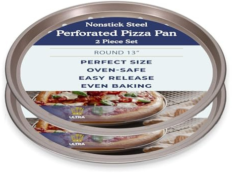 Ultra Cuisine Large Round Carbon Steel Perforated Pizza Pan with Holes, Nonstick, 13in, Champagne