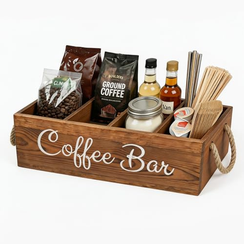QUALLON Kaffeestation-Organizer mit kleinen, herausnehmbaren Trennwänden, Holz-Kaffeebar-Zubehör, Aufbewahrung für Arbeitsplatte, Bauernhaus, Kcup, Kaffeekapselhalter, Korb mit Griff für