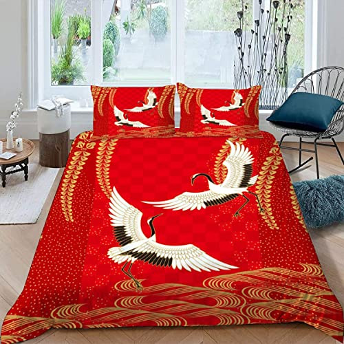 VASENA Housse de Couette 220x240 Ado Adulte Parure de Lit Style Japonais Rouge Grue Japonaise Housse de Couette en Microfibre Hypoallergique Ensemble de Literie avec 2 Taies d'oreiller