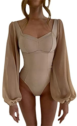 tinetill Body Donna Bodysuit Maniche Lunghe in Pizzo Maniche a sbuffo Tuta Maniche a lanterna Top con Scollo Quadrato Senza Schienale Elegante Camicia Tinta Unita Top