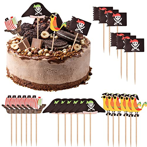 Vesaneae 24 stycken pirat tårtpinnar, pirater tårtlock, cupcake-topp, födelsedagstårtdekoration, tårtdekoration för pirattema pojke barn födelsedagsfest halloween fest muffin cupcake dekoration
