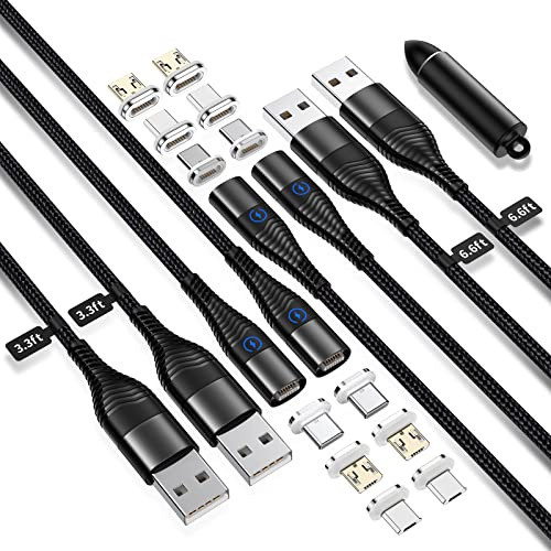 YKZ 3 in 1 Magnetic Charging Cable, Multi Magnet USB Cable for Type C/MicroUSB and i-Product, Max 15W Fast Charger Cable Nylon Braided with a Tips Storage (12 Tips), 4Pack(1M+1M+2M+2M)
