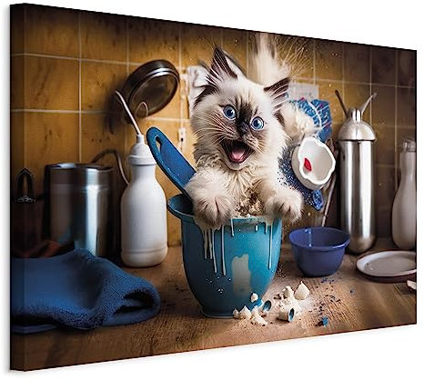 murando - Akustikbild Katze lustig Bilder 120x80 cm Akustikschaum Hochleistungsschallabsorber Schallschutz 1 tlg Wandbild Raumakustik Schalldämmung lachende Kätzchen Küche Unordnung