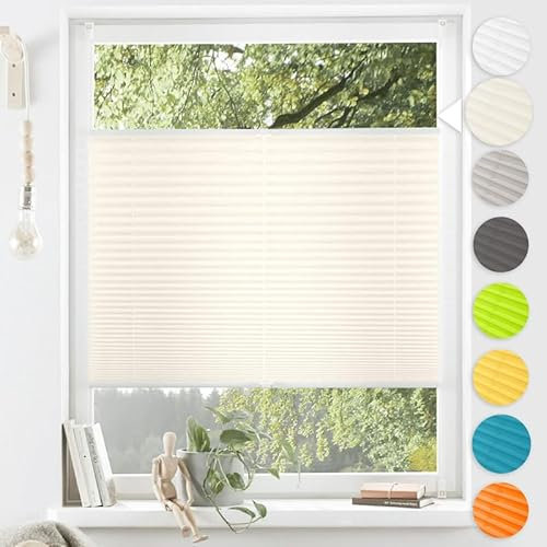 Plissee ohne Bohren Hohe-Qualität Aluminiumstangen,Beige80x120cm,Diagonales System,Plissee Klemmfix Einfache Montage Sichtschutz und Sonnenschutz für Schlafzimmer Badezimmer Wohnzimmer Fenster&Tür