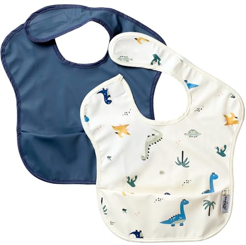 BABATÉ Kids - Bavaglini impermeabili, Bavaglino smanicato, Bavaglini pappa svezzamento, Grembiule pappa, Bavaglino bambini (Dinosauri blu)