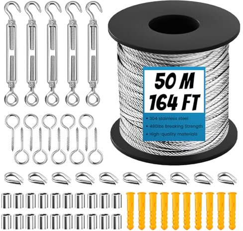 Wire Rope Stainless Steel Set, 50 m Steel Cable for Trellis with M5 Turnbuckle Rope Tensioner, Eye Screw, Rope Thimbles, Aluminium Rope Clamps, Wire Rope Trellis for Curtain Rope, Washing Lines