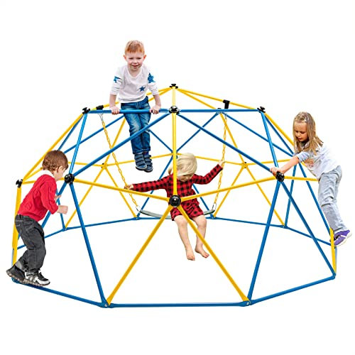 GOPLUS Ø 305cm Kletterkuppel mit Schaukel, Indoor & Outdoor geometrischer Kletterturm, Gewichtskapazität von 360kg, Klettergerüst Kuppel für Kinder im Alter von 3-10 Jahren (Gelb)