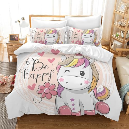 Leleyouzer Einhorn Bettwäsche für Mädchen Kinder,Weiche und Bequeme Mikrofaser Bettwäsche,Niedlicher Einhorn Bettbezug mit Reißverschluss + 2 Kopfkissenbezüge 50 x 75cm (E 2, 135×200 cm)