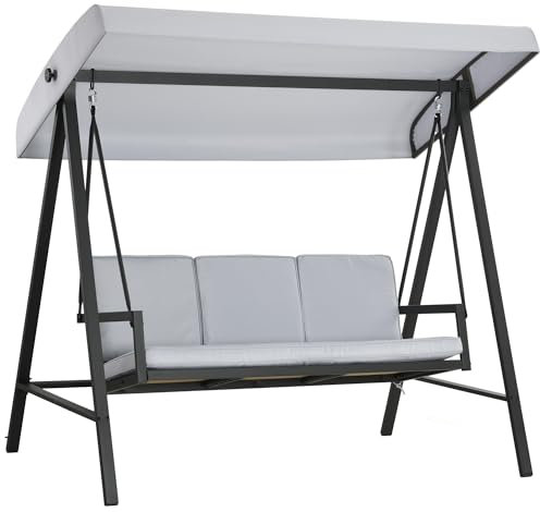 Outsunny 3 Seater Garden Swing Chair, Outdoor Hammock Bench with Adjustable Canopy, Removable Cushions and Steel Frame, Grey
