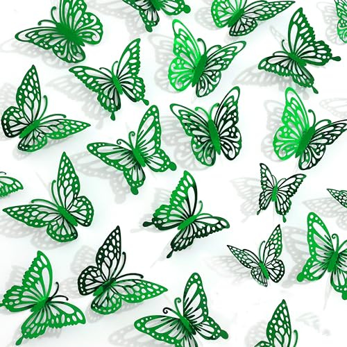 3D Laser Metallic Butterfly Wall Decor, Green, 48Pcs 4 Styles 3 Sizes, Removable Stickers Wall Decor Room Mural for Party Cake Decoration Kids Bedroom Nursery Classroom Wedding Decor DIY.