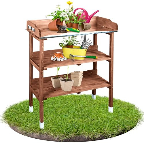 TTL Garden Pflanztisch Planter mit verzinkter Arbeitsplatte - Outdoor Gärtnertisch wetterfest mit 2 Abstellböden & 2 Hakenleisten mit 6 Haken Tannenholz braun - Garten Balkon Terrasse Gewächshaus