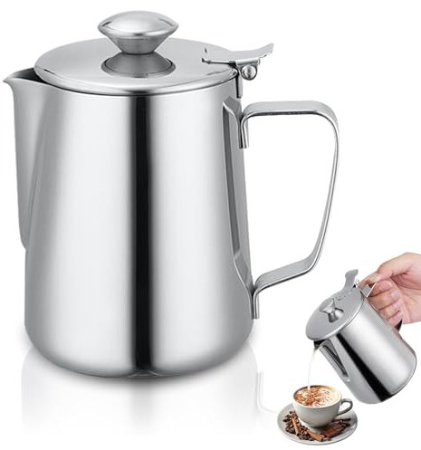 600ml Brocca per Schiuma Latte in Acciaio Inossidabile, Bricco Latte con Coperchio per Schiuma di Latte, Lattiera Latte Art per Montalatte per Caffè Latte Coffee Art