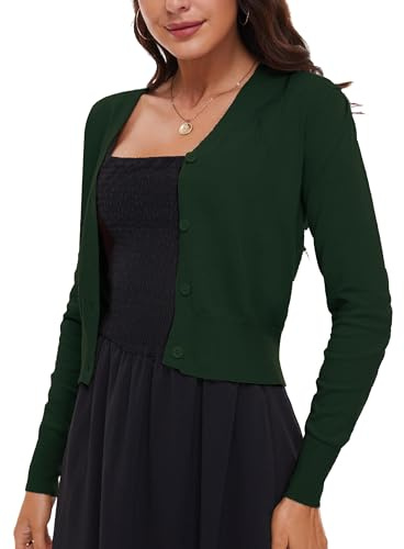 BERESIA Cardigan da Donna con Scollo a V Golfino a Maniche Lunghe Maglione Corto Lavorato a Maglia Elegante, Verde Scuro L