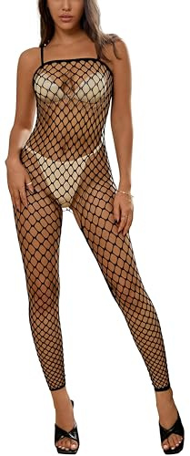 Bommi Fairy Damen Sexy Dessous Bodystockings Netz Strapshemd Streifen Bodysuit Mesh Stretch Clubwear Öffnungs-Leggings Jumpsuit (Schwarz, Einheitsgröße)