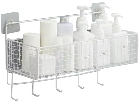 Nurnesy Cesti in metallo a parete, da appendere alla parete, in ferro con ganci, multifunzionale, per cucina e bagno (bianco)