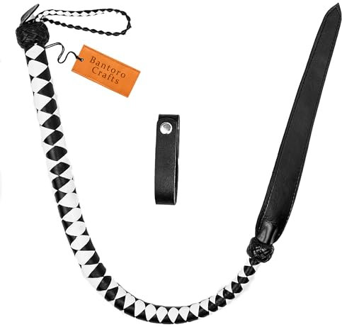 Bantoro Crafts Schwarz-Weiß 3 Fuß / 0,90 Meter Lederpeitsche Flogger 8 Zöpfe Single Tail Dragon Tail Bullwhip Spanking Paddle BDSM