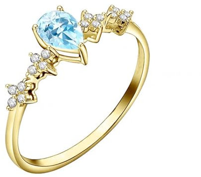 KnSam Echt Goldschmuck Verlobungsring Gelbgold Au585, Tropfenschliff Blau Aquamarin Pärchen Ringe 14K Gold, Klassiker Zart Ring, Gr.52 (16.6)