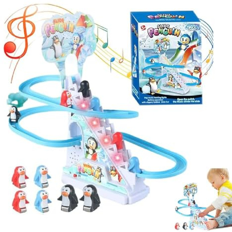 Penguin Race Track Toy, Penguin Race Game, Elektrische Pinguin Treppensteigen Spielzeug, Pinguin-Rutschen-Spielset, Pinguin-Achterbahn mit Lichtern und Musik, Geschenk für Kleinkinder und Kinder