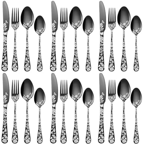 BILLION DUO Black Cutlery Set, 24 Piece Stainless Steel Flatware Set with Flower Pattern Design, Silverware Set with Spoon Knife and Fork, Service for 6, Dishwasher Safe
