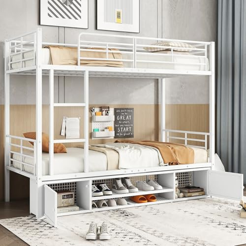 Jaxenor Etagenbett 90x200, Metall, mit Ausziehbett, Schuhschrank, Weiß | EN747 zertifiziert, mit Sicherheitsgitter, Integriertem Stauraum, für Kinder und Jugendliche, Platzsparend, ohne Matratze