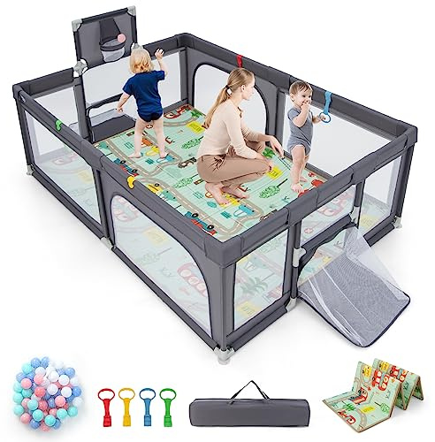 COSTWAY Baby Playpen, Toddler Mesh Play Pen with Mat, Pull Rings, Basketball Hoop, Football Nets, Ocean Balls, Indoor Outdoor Safety Playard for Babies and Toddlers (Dark Gray, 207 x 142cm)