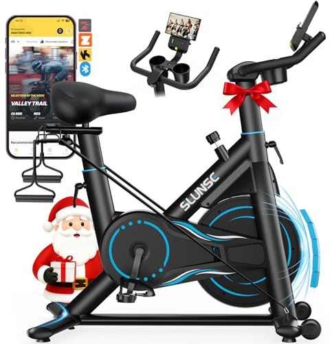 SLUNSE Heimtrainer Fahrrad mit App, Einstellbarer Magnetischer Widerstand Hometrainer Fahrrad, Leise & Bequem Ergometer Heimtrainer mit Hantelablage, Zugschnur*2, große rutschfeste Matte, Bis 180KG