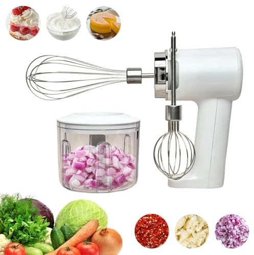 3-in-1 Cordless Electric Hand Mixer, Rechargeable Handheld Electric Whisk with 2 Detachable Stir Whisks, 3 Speed Settings & 200ml Chopper Bowl, Portable Hand Whisk for Eggs, Milkshake Cream, Baby Food