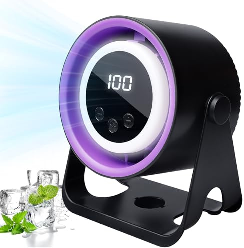 BORDEAG Ventilatore ricaricabile USB – Mini ventilatore da tavolo con display digitale a 100 velocità, rotazione a 360°, silenzioso montaggio a parete e sospeso, ventilatore da campeggio con luce