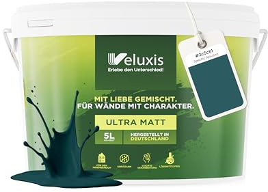 Veluxis Wandfarbe Grün Blau Petrol matt 5 L – Specific Spirulina | Innenfarbe mit Deckkraft Klasse 1, VOC-frei, ohne Grundierung, tropfarm, für Wohnzimmer und Schlafzimmer