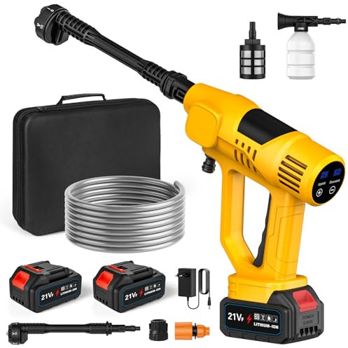 Idropulitrice a Batteria, 65 Bar Idropulitrice Portatile senza Fili con 2 x 3.0Ah Batterie, Ugello 6 in 1, 10 Livelli di Pressione Regolabili, Tubo da 5M, Schermo Tattile a LCD, per Auto e Giardino
