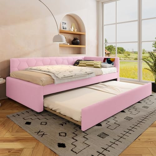 Daybett, 90x200cm Tagesbett, Schlafsofa, Bett mit Lattenrost (ohne Matratze), mit Nachttischlampe, mit multifunktionalem Ausziehbett, USB-Anschluss, Typ-C, Komfortmaterial, Vliesimitat, Rosa