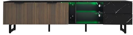 Banc TV design avec éclairage LED ajustable, surface effet pierre naturelle, portes texturées bois, niches ouvertes, tiroirs profonds, hauteur sous meuble pour nettoyage robotisé simple (Noir+Bois)