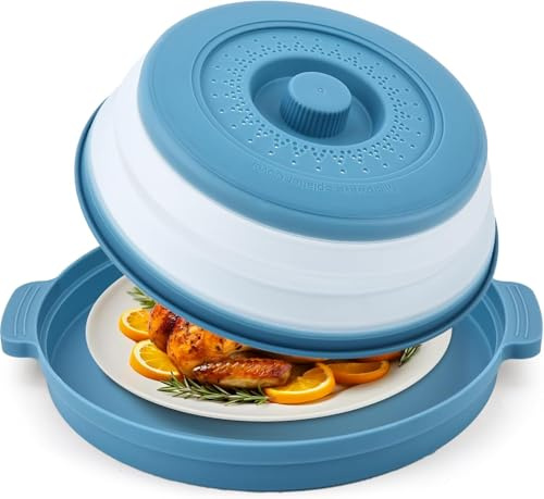 Microwave Cover for Food with Anti-scald Base Mat,Kitchen Gadgets Large Plastic & Silicone Vented Avoid Scalding Collapsible Guard Lid, Plate Holder & Kitchen Colander Meal Prep-10.7 Inch (Blue)