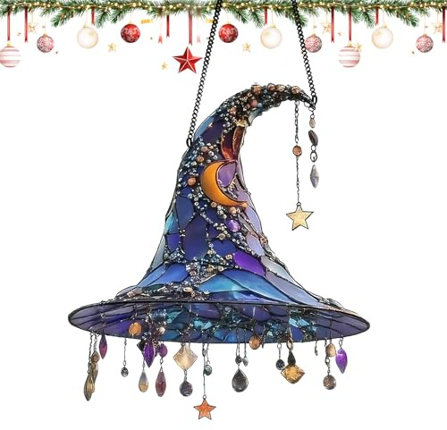 Halloween Witch Hat Hanging Ornaments，2D Magical Charming Art Stained Acrylic Decoration for Room Party Window Decor，Suncatcher Witches Hat Hang Ornaments for Halloween Indoor Outdoor Decoration