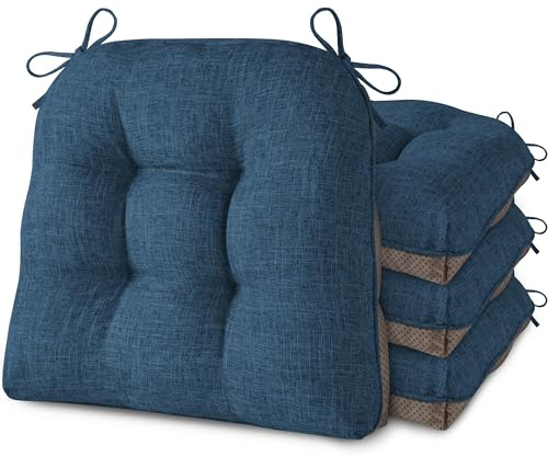 AddGrace Sitzkissen für Esszimmerstühle 4er-Pack 46x44x8cm Marineblau | mit rutschfester Unterseite und Bändern, geeignet für die meisten Esszimmer- und Küchenstühle, strukturierter Stoff, bequem