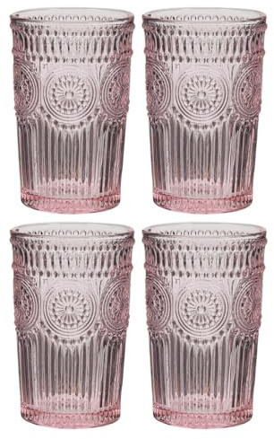 Drinking Glasses Set of 4 Mix and Match Wine Glasses, Highballs, Champagne Flutes & Tumblers Dishwasher Safe Pastel Pink Glassware Set with Mandala Embossed Design (Highball Tumblers)