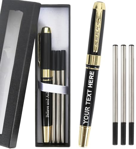 Générique Stylo Roller en Métal Personnalisé avec Inscription Gravée au Laser, Coffret Cadeau avec 3 Recharges, Stylo Bille, Pointe Moyenne de 0,5 mm, Cadeaux Personnalisés (250-Noir et Or)